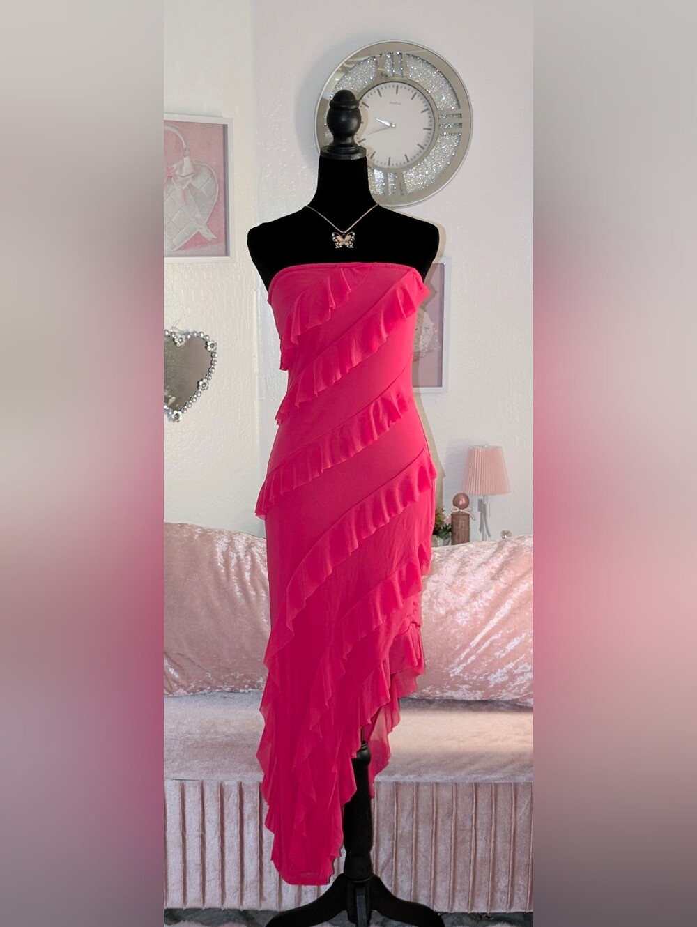 💞 PrettyGarden Hot Pink Strapless Asymmetrical Ruffle Bodycon Midi Dress Size M